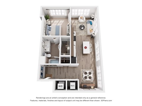 Floor plan for 1 bed, 1 bath, 734 sqft